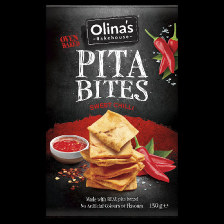 Crunchy Olina's Sweet Chilli Pita Bites in a 130g bag, perfect for dipping and bursting with sweet and spicy flavor.