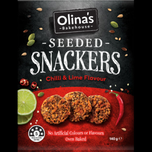 Olina's Bakehouse Seeded Chilli & Lime Snackers pack of crunchy gluten-free crackers with zesty flavors and four whole seeds.