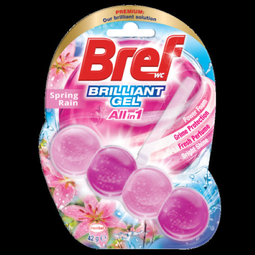 Bref Brilliant Gel Spring Rain Toilet Flush Block Cleaner offers a fresh scent, long-lasting shine, and powerful stain removal with each flush.