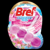 Bref Brilliant Gel Spring Rain Toilet Flush Block Cleaner, a gel that cleans, freshens, and shines with every flush, featuring a spring rain scent.