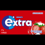 Wrigley’s Extra Strawberry Sugar Free Gum pack, 27g, featuring a refreshing strawberry flavor and cavity-fighting benefits.