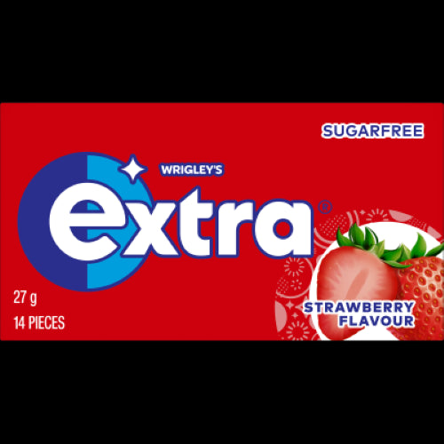 Wrigley's Extra Strawberry Sugar Free Gum pack, offering a refreshing strawberry flavor and promoting oral hygiene.