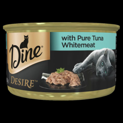Gourmet 85g can of Dine Desire Pure Tuna Whitemeat Wet Cat Food, featuring tender tuna in savory sauce, grain-free and preservative-free.
