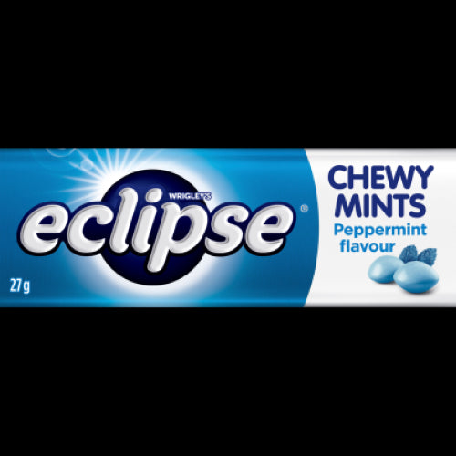 Wrigley's Eclipse Peppermint Chewy Mints in a portable 27g tin, perfect for freshening breath anytime, anywhere.