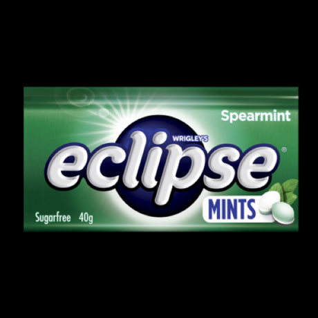 Wrigley's Eclipse Spearmint Sugarfree Mints in a portable tin, offering refreshing, guilt-free breath freshening anytime.