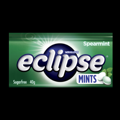 Wrigley's Eclipse Spearmint Sugarfree Mints in a compact 40g tin for fresh breath and invigorating flavor on-the-go.