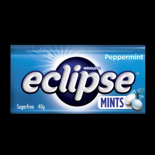 Wrigley's Eclipse Peppermint Sugarfree Mints in 40g pack, offering refreshing peppermint flavor for guilt-free breath care on-the-go.