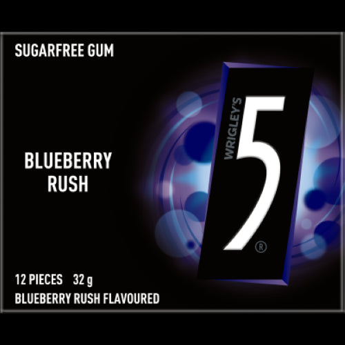 5 Gum Blueberry Sugar Free Chewing Gum pack featuring 12 pieces, delivering a refreshing burst of blueberry flavor.