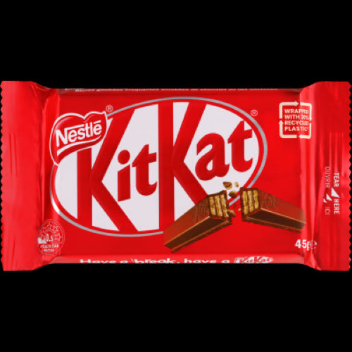 Nestle Kit Kat Chocolate Bar 45g featuring four crispy wafer fingers coated in smooth milk chocolate, perfect for snacking.