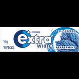 Wrigley's Extra White Peppermint gum pack, 14g, offers fresh breath and supports oral health with sugar-free enjoyment.