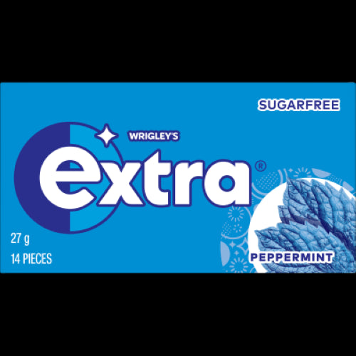 Wrigley's Extra Peppermint Sugar Free Gum pack, promoting fresh breath and oral health, perfect for on-the-go enjoyment.