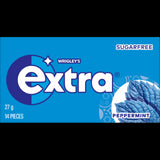 Wrigley's Extra Peppermint Sugar Free Gum pack, promoting fresh breath and oral health, perfect for on-the-go enjoyment.