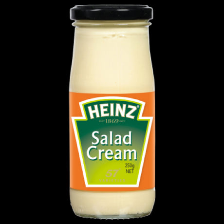 Heinz Salad Cream 250g, a tangy condiment perfect for salads, sandwiches, and as a dip, made with natural flavors and no preservatives.