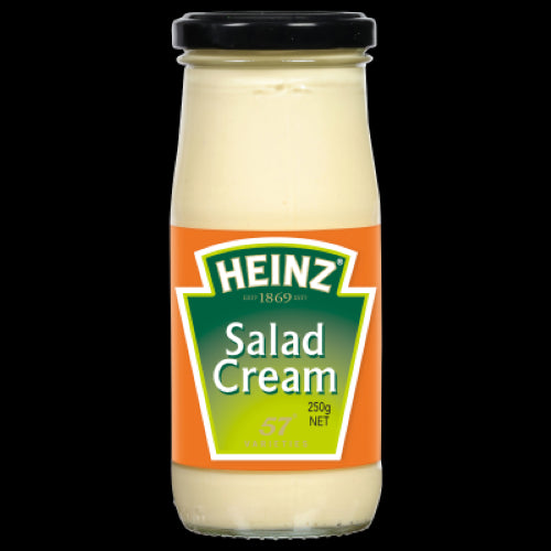 Heinz Salad Cream 250g, a tangy condiment perfect for salads, sandwiches, and as a dip, made with natural flavors and no preservatives.