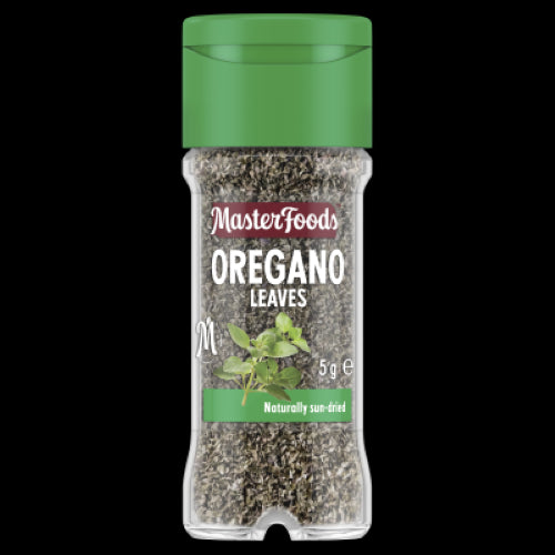 Masterfoods Oregano Leaves Jar 5g contains rich, aromatic oregano perfect for enhancing Mediterranean dishes and seasoning.