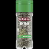 MasterFoods Thyme Leaves in a glass shaker jar, ideal for enhancing soups, sauces, and marinades with aromatic flavor.