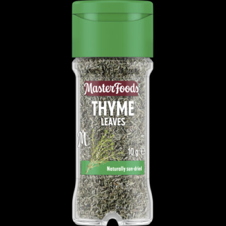 MasterFoods Thyme Leaves in a glass shaker jar, ideal for enhancing soups, sauces, and marinades with aromatic flavor.