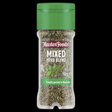 Aromatic Masterfoods Mixed Herb Blend in a glass shaker jar, featuring thyme, rosemary, marjoram, basil, oregano, and sage.