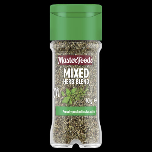 Aromatic Masterfoods Mixed Herb Blend in a glass shaker, featuring thyme, rosemary, basil, and more for versatile seasoning.