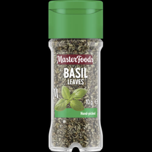 Dried Masterfoods Basil Leaves 10g in a glass shaker jar, perfect for enhancing dishes with sweet, spicy flavor and aroma.