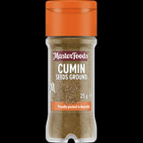 Masterfoods Ground Cumin Seeds in a 25g glass shaker, ideal for enhancing Middle Eastern and Moroccan dishes.