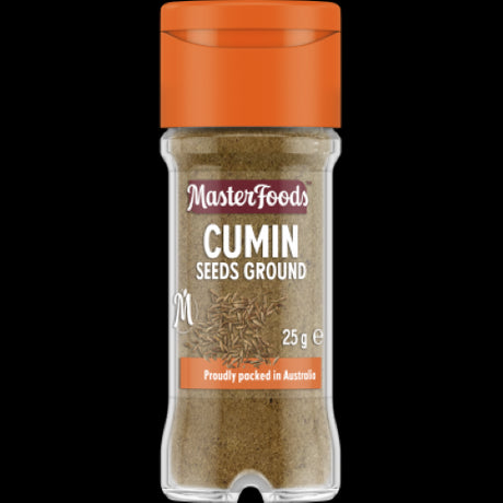 Masterfoods Ground Cumin Seeds in a 25g glass shaker, ideal for enhancing Middle Eastern and Moroccan dishes.