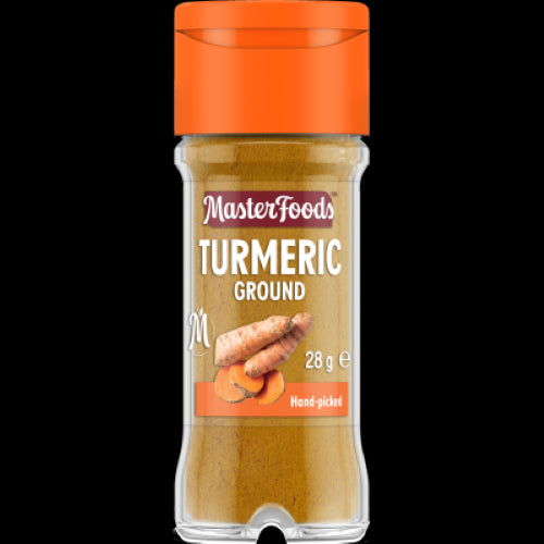 Masterfoods Ground Turmeric 28g in a glass shaker, bright golden spice enhancing dishes with earthy flavor and health benefits.