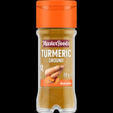 A glass jar of MasterFoods Ground Turmeric 28g, offering vibrant color and earthy flavor for enhancing various dishes.