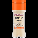 Masterfoods Garlic Powder 50g in a glass shaker jar, offering robust flavor and convenience for all your cooking needs.