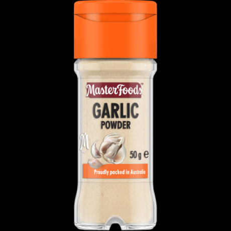 Masterfoods Garlic Powder 50g in a glass shaker jar, offering robust flavor and convenience for all your cooking needs.