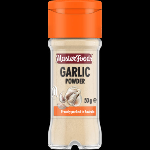 Masterfoods Garlic Powder 50g in a glass shaker jar, offering robust flavor and convenience for all your cooking needs.