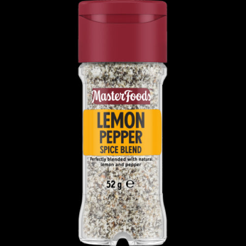 Masterfoods Lemon Pepper Spice Blend in a glass shaker jar, featuring zesty lemon and pepper for flavorful dishes.