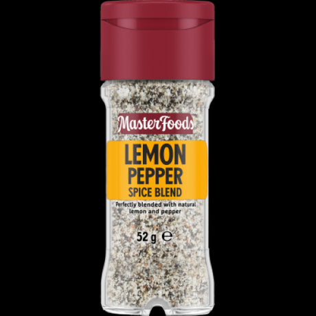 Masterfoods Lemon Pepper Spice Blend in a glass shaker jar, featuring zesty lemon and pepper for flavorful dishes.