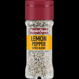 Masterfoods Lemon Pepper Spice Blend in a glass shaker jar, featuring a zesty mix of lemon and pepper for versatile seasoning.