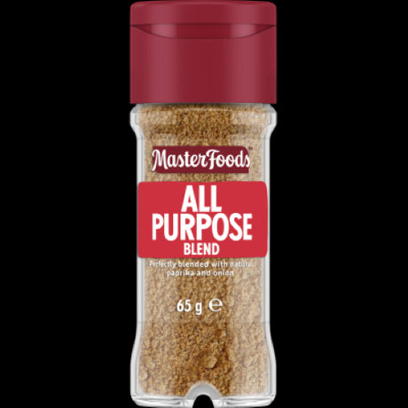 A 65g glass shaker jar of Masterfoods All Purpose Blend seasoning featuring rich paprika, garlic, and onion flavors.