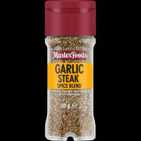 MasterFoods Garlic Steak Spice Blend 50g enhances meats with garlic, onion, and capsicum for robust flavor in grilling and cooking.