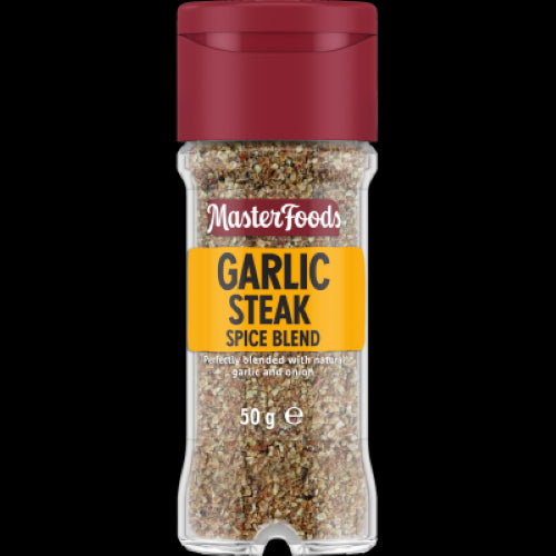 Aromatic MasterFoods Garlic Steak Spice Blend 50g for enhancing meats with garlic, onion, and capsicum flavors.