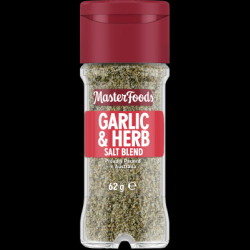 MasterFoods Garlic & Herb Salt Blend 62g in a glass shaker, enhancing dishes with garlic and mixed herbs flavor.