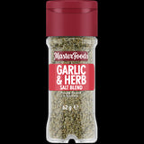 MasterFoods Garlic & Herb Salt Blend 62g in a glass shaker, enhancing dishes with garlic and mixed herbs flavor.