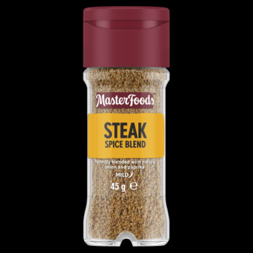 Masterfoods Steak Spice Blend 45g in a glass shaker jar, featuring aromatic pepper, paprika, and garlic for flavorful grilling.