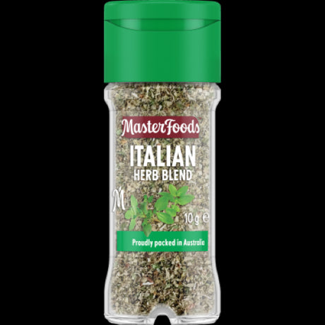 Masterfoods Italian Herb Blend 10g in a glass shaker, featuring aromatic basil and oregano for authentic Italian flavor.