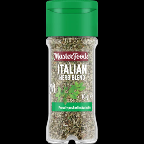 Masterfoods Italian Herb Blend 10g in a glass shaker jar, featuring basil and oregano for authentic Italian seasoning.