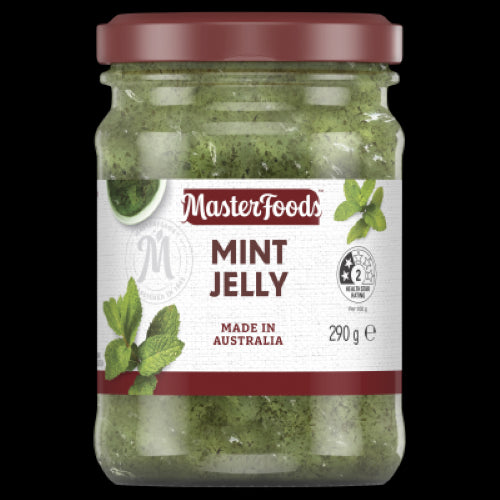 MasterFoods Mint Jelly Sauce Jar 290g, a tangy and fresh condiment perfect for enhancing roasts and cheeses.