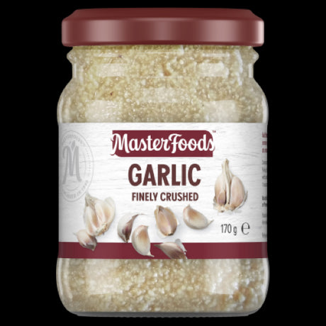 MasterFoods Finely Crushed Garlic Jar 170g, a convenient way to add fresh garlic flavor to your favorite dishes.