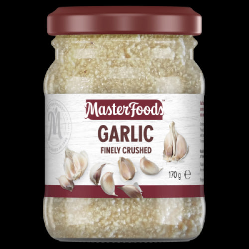 MasterFoods Finely Crushed Garlic Jar 170g, a convenient way to add fresh garlic flavor to your favorite dishes.