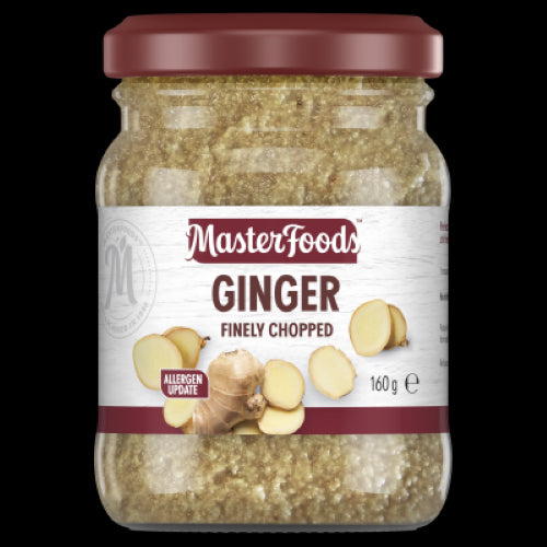 MasterFoods Finely Chopped Ginger Jar 160g, a convenient ingredient for adding fresh ginger flavor to various dishes.