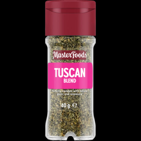 MasterFoods Tuscan Blend 40g seasoning jar featuring garlic, pepper, and rosemary for authentic Italian flavor enhancement.