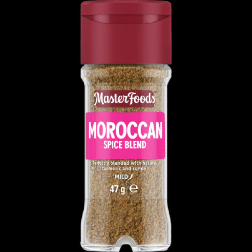 Masterfoods Moroccan Spice Blend 47g in a glass shaker, featuring cumin, turmeric, and paprika for vibrant flavor enhancement.