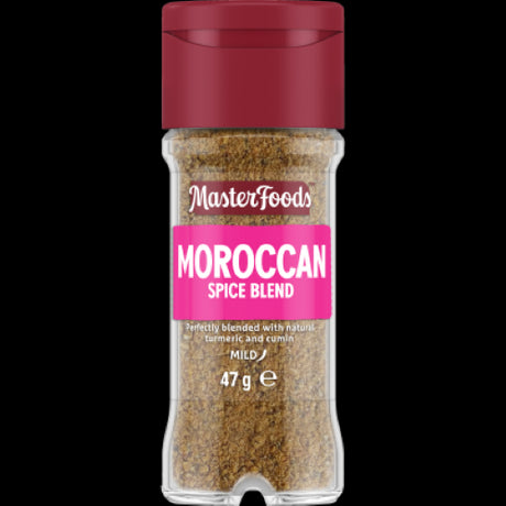 Masterfoods Moroccan Spice Blend 47g in a glass shaker, featuring cumin, turmeric, and paprika for vibrant flavor enhancement.