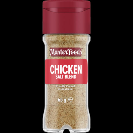 Masterfoods Chicken Salt Blend 65g in a glass shaker, perfect for enhancing flavors in meals and snacks with savory chicken taste.